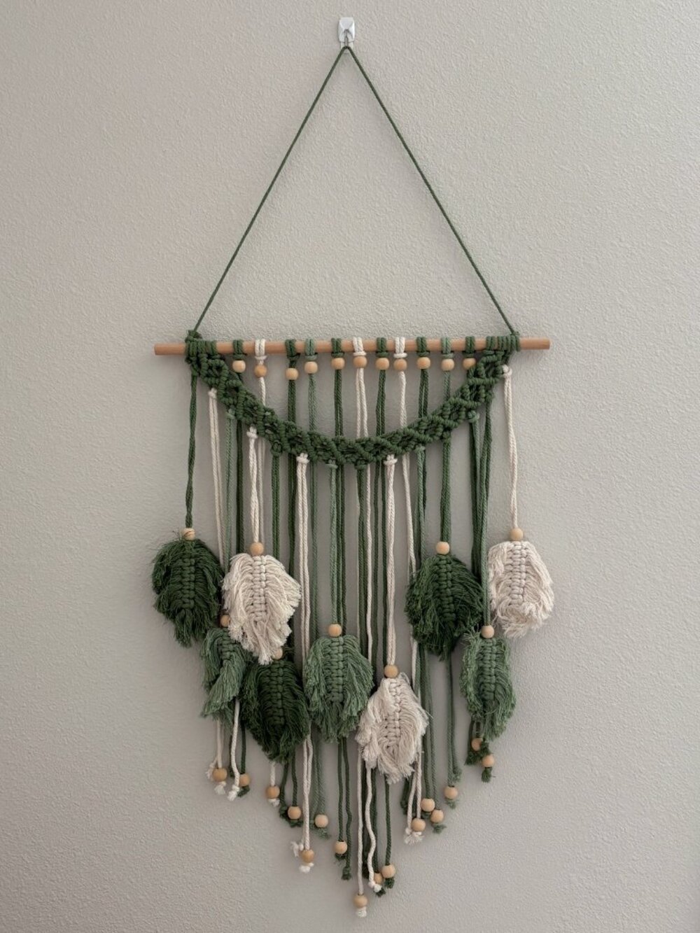 Beaded Knit Macrame Green Leaf Wall Tapestry